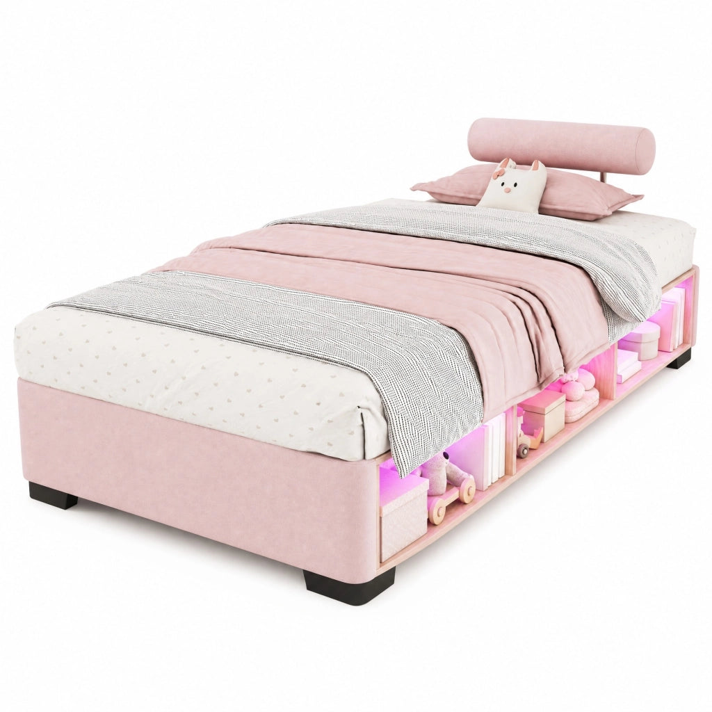 Letto imbottito per bambini rosa 90x200 cm con LED, ripiano laterale e testiere flessibili