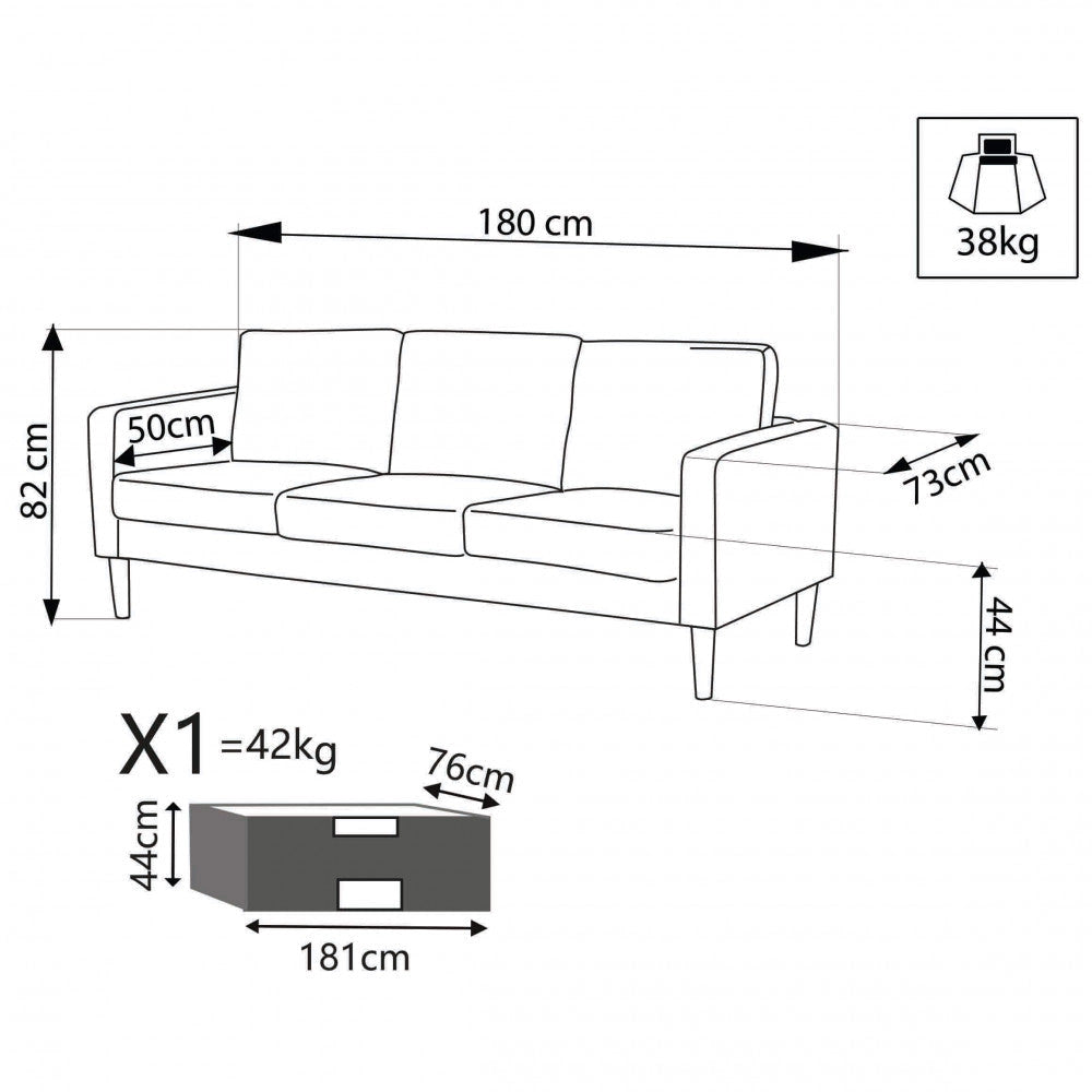 Divano 3 Posti Ramsey 180x73x82 h cm in Tessuto Grigio chiaro