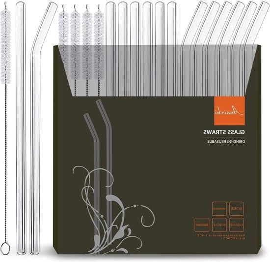 Set di canne di vetro riutilizzabili 16 pezzi - Set ecosostenibile con canne di vetro rette e curve 215 cm - Incluso 4 pennelli di pulizia - Ideale per smoothie di tisana, cocktail e succo