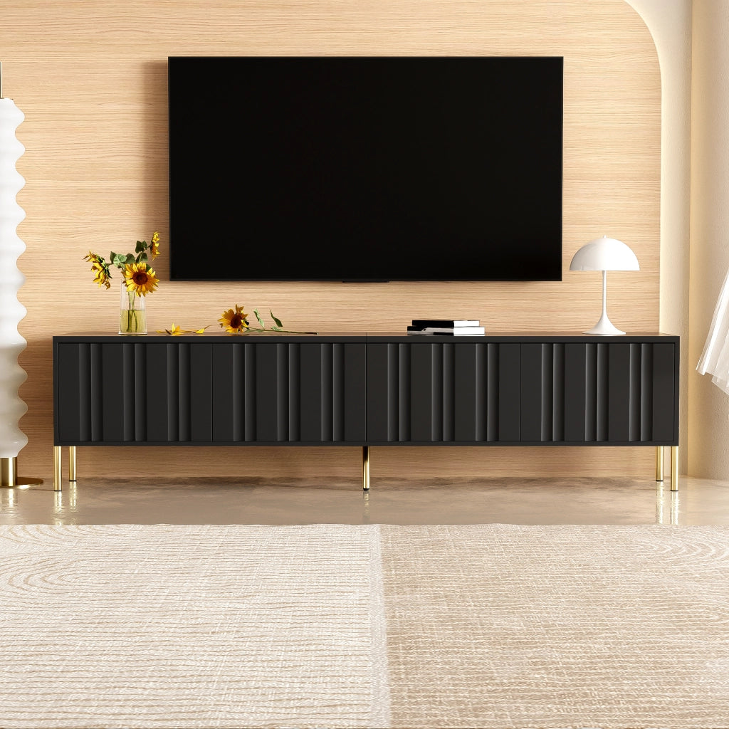 Mobile TV nero 190 cm con 4 ante, 8 ripiani e gambe dorate