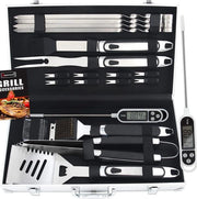 Set di BBQ 15 pezzi + Termometro BBQ - Accessori BBQ - Set di Spazzole BBQ - Panno da Griglia - Con Borsa di Pelle Luxe