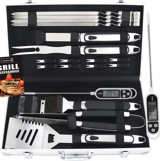 Set di BBQ 15 pezzi + Termometro BBQ - Accessori BBQ - Set di Spazzole BBQ - Panno da Griglia - Con Borsa di Pelle Luxe