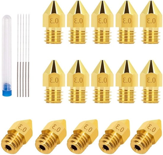 15 pezzi di testa di stampante 3D da 0,3 mm MK8 + 5 pezzi di aghi in acciaio inossidabile da 0,25 mm per la pulizia della testa di stampante CR-10