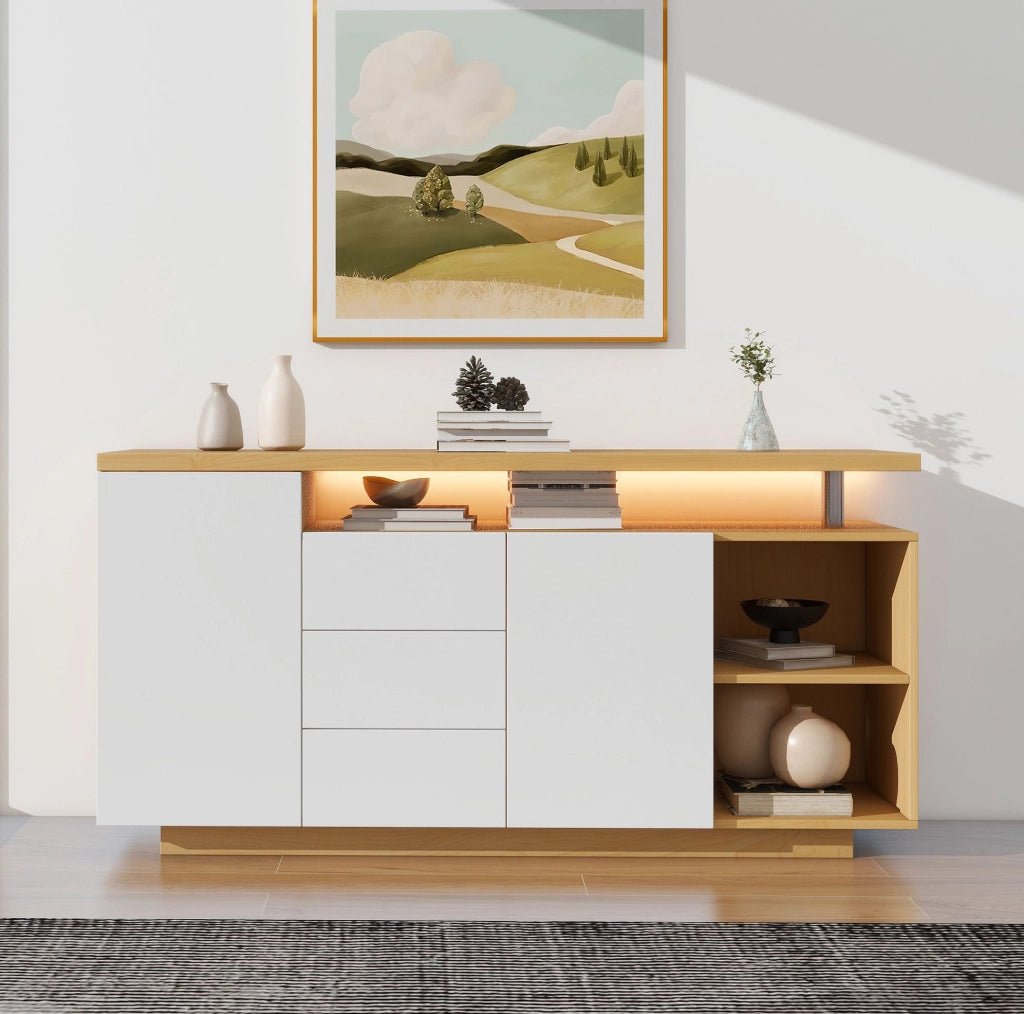 Credenza 140x40x70 cm con illuminazione LED e spazio contenitivo in truciolato bianco e rovere chiaro