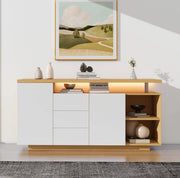 Credenza 140x40x70 cm con illuminazione LED e spazio contenitivo in truciolato bianco e rovere chiaro