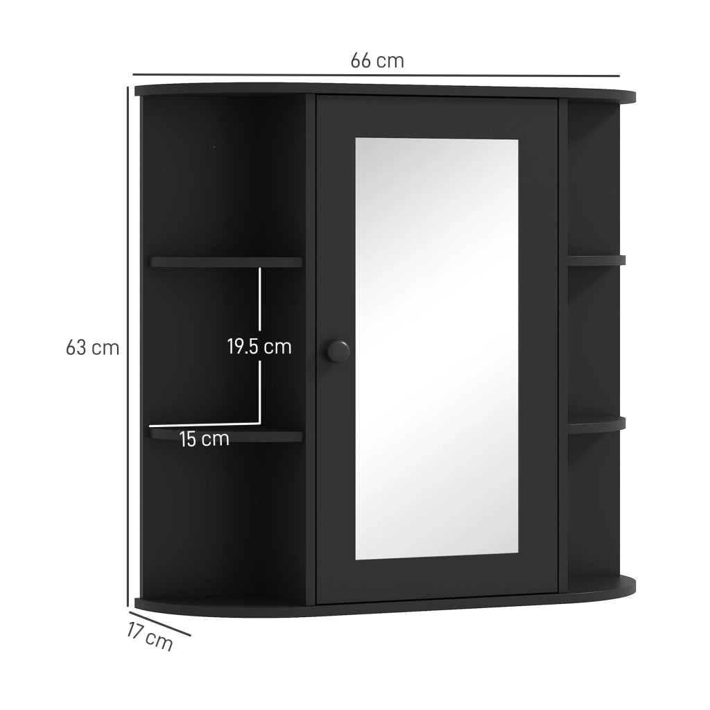 Armadio con Specchio da  Bagno 66x17x63 cm con 6 Ripiani Aperti e 2 Chiusi in Legno e Vetro Nero