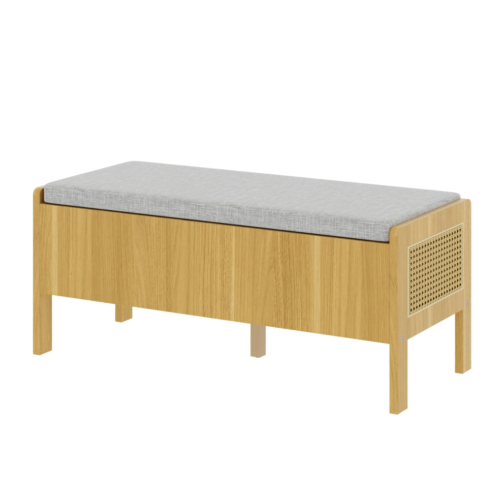 Panca contenitore con seduta, laterali in rattan, 2 cassetti, colore naturale e grigio, 113 ¡Á 45,5 ¡Á 40 cm