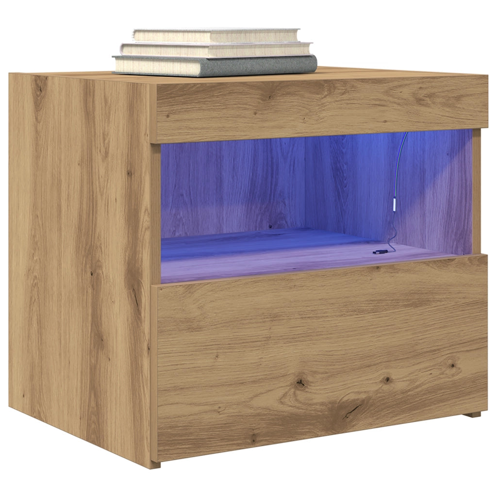 Comodino  con luci LED Rovere Artigianale 50x40x45 cm