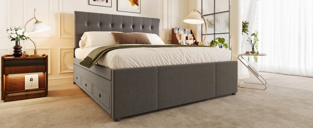 DESMIU Letto con cassetti 140 × 200 cm 2 posti con 3 cassetti e letto estraibile, testiera regolabile, senza materasso, grigio