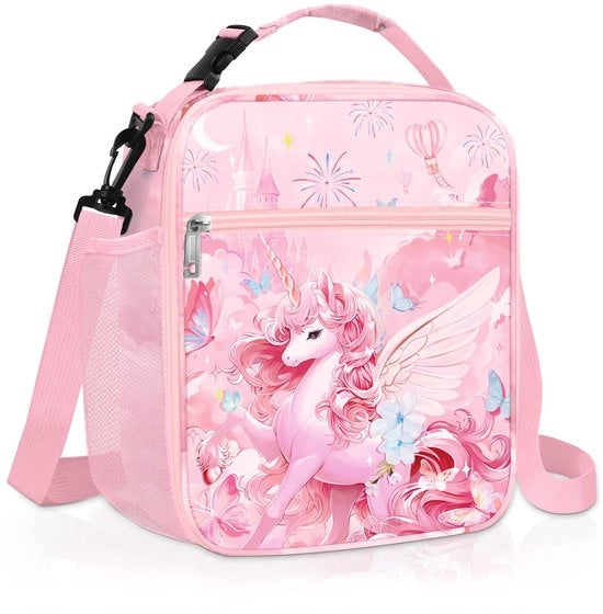 Borsa isolante per bambine Borsa per picnic acqua resistente per ragazze Borsa per scuola rossa unicorno angolo