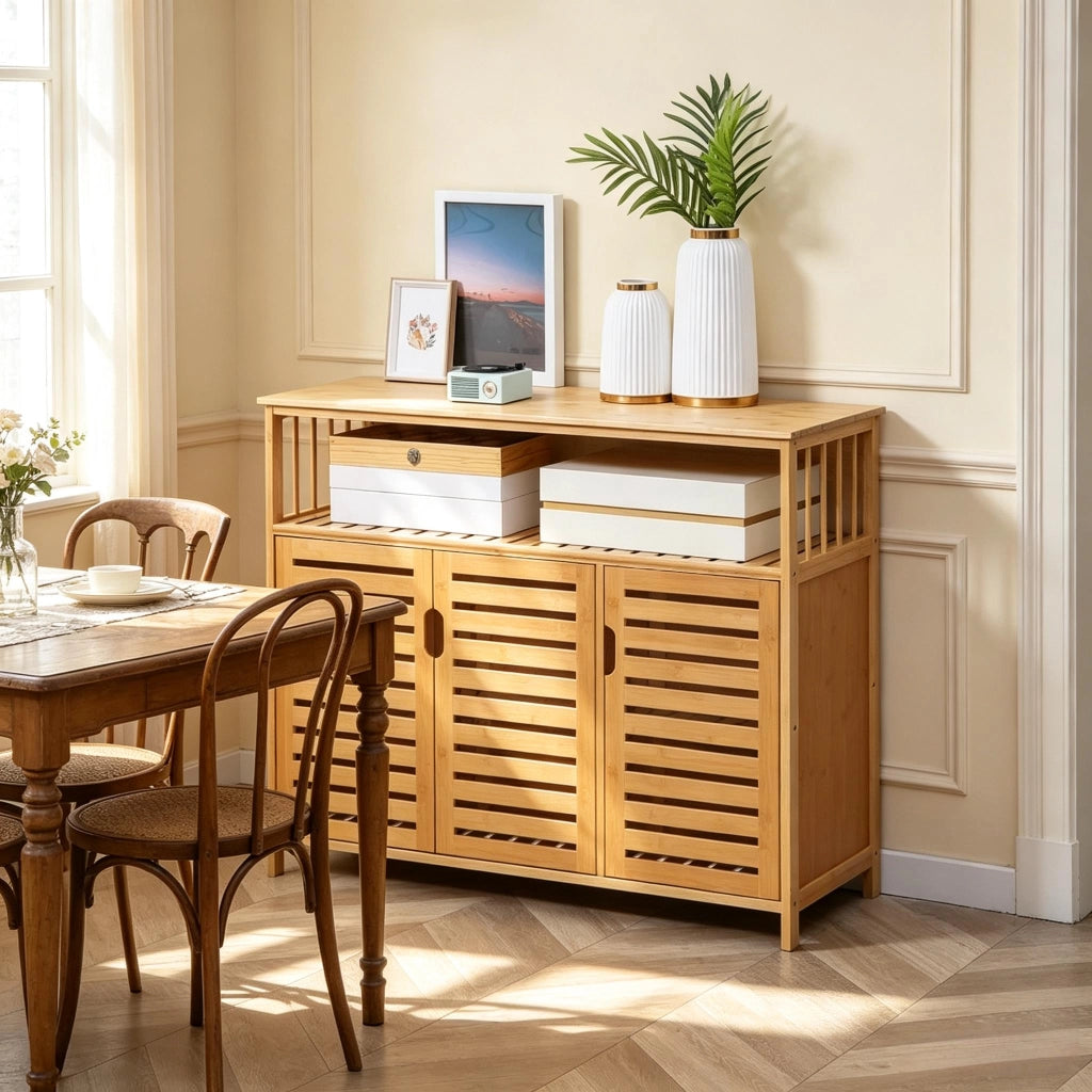 Credenza portaoggetti in bambù naturale con ripiani aperti e armadio a due ante