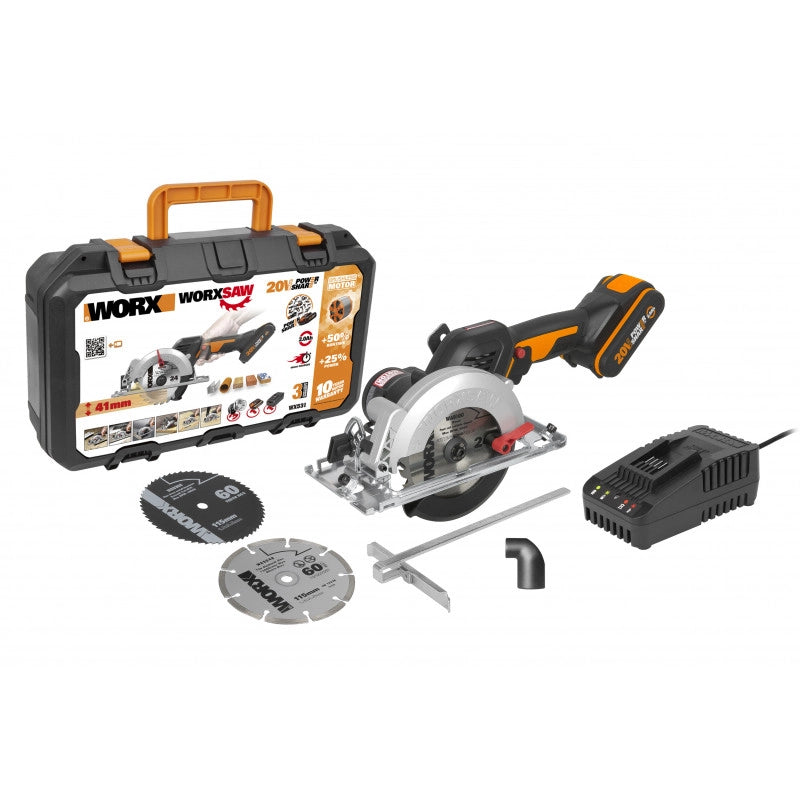 Sega circolare WX531 20 Volt Brushless 120 millimetri con batteria 2Ah per tagli fino a 41 millimetri - Worx