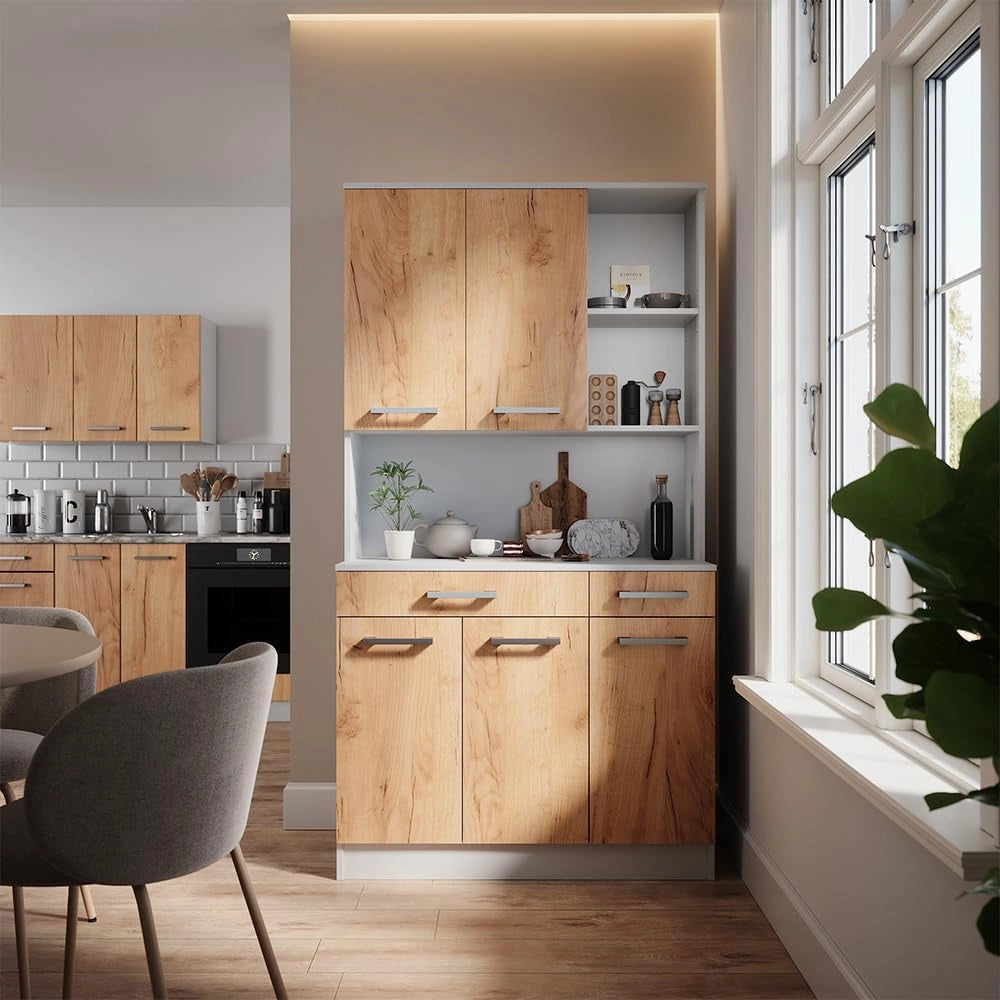 Buffet da cucina Raul, Rovere bianco/dorato, 100.1 x 188.5 cm con 5 porte e 2 cassetti, con ripiano aperto per dispositivi e spazio di archiviazione espandibile
