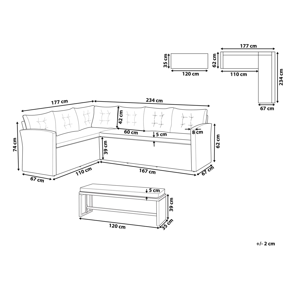 Set da pranzo ad angolo da giardino grigio finto rattan con cuscini divano panca tavolo rettangolare piano in vetro 80 x 145 cm vimini