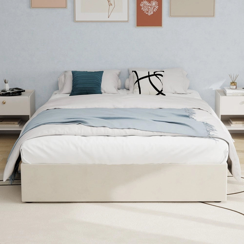 Letto Contenitore Matrimoniale in Velluto ¨C MINIMAL ¨C Beige 160x200 con Pistone Idraulico