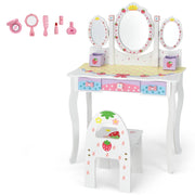 Set toeletta con specchio tripartito per bambini, Set tavolo e sedia con 3 cassetti 2 scatole sgabello Bianco-Toelette per bimbi