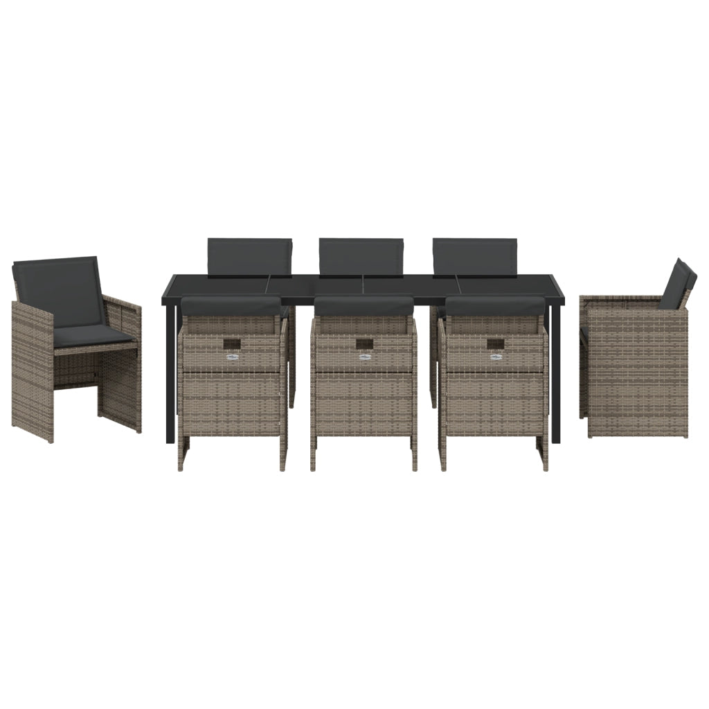 Set da Pranzo Giardino 9 Pezzi con Cuscini Grigio Polyrattan