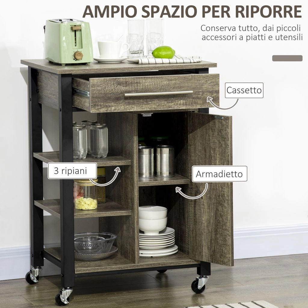 CARRELLO DA CUCINA PORTAVIVANDE CON RUOTE  60X50X84.5CM MARRONE SCURO