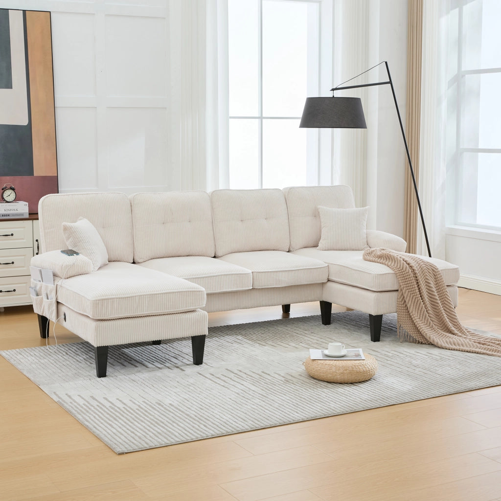 Divano panoramico a U 4 posti con tasche laterali e porte USB, in Velluto a coste, Beige