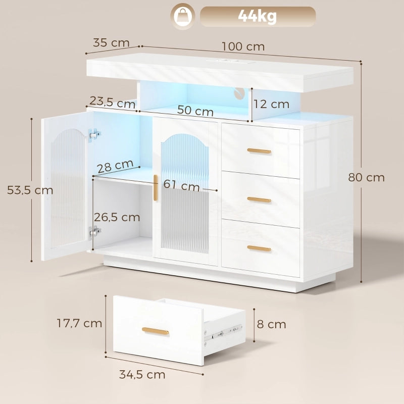 Sideboard moderno bianco lucido con LED RGB, prese integrate, 3 cassetti e ante in acrilico