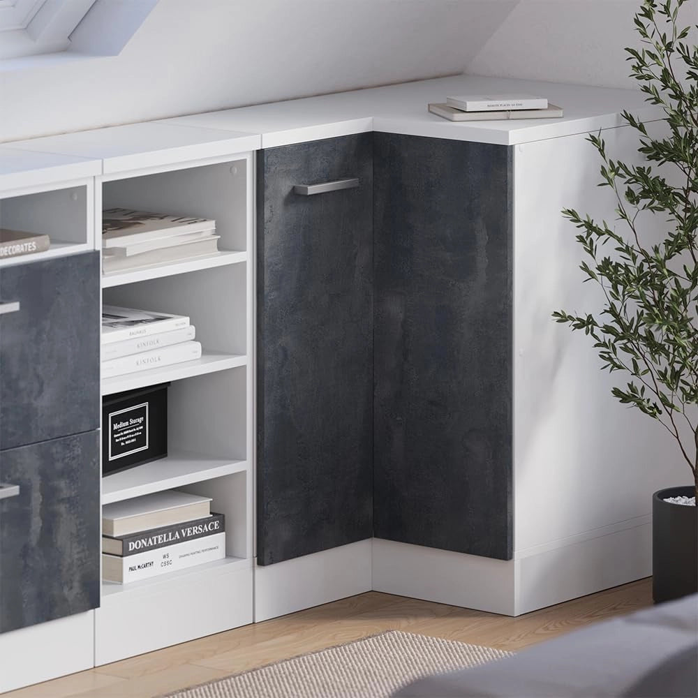 Mobile sottotetto Mobile angolare Rion, Calcestruzzo nero, 75.6 x 81.6 cm con 1 porta, carcassa dell’armadio profondità 60 cm, adatto per il salvaspazio sotto tetti spioventi