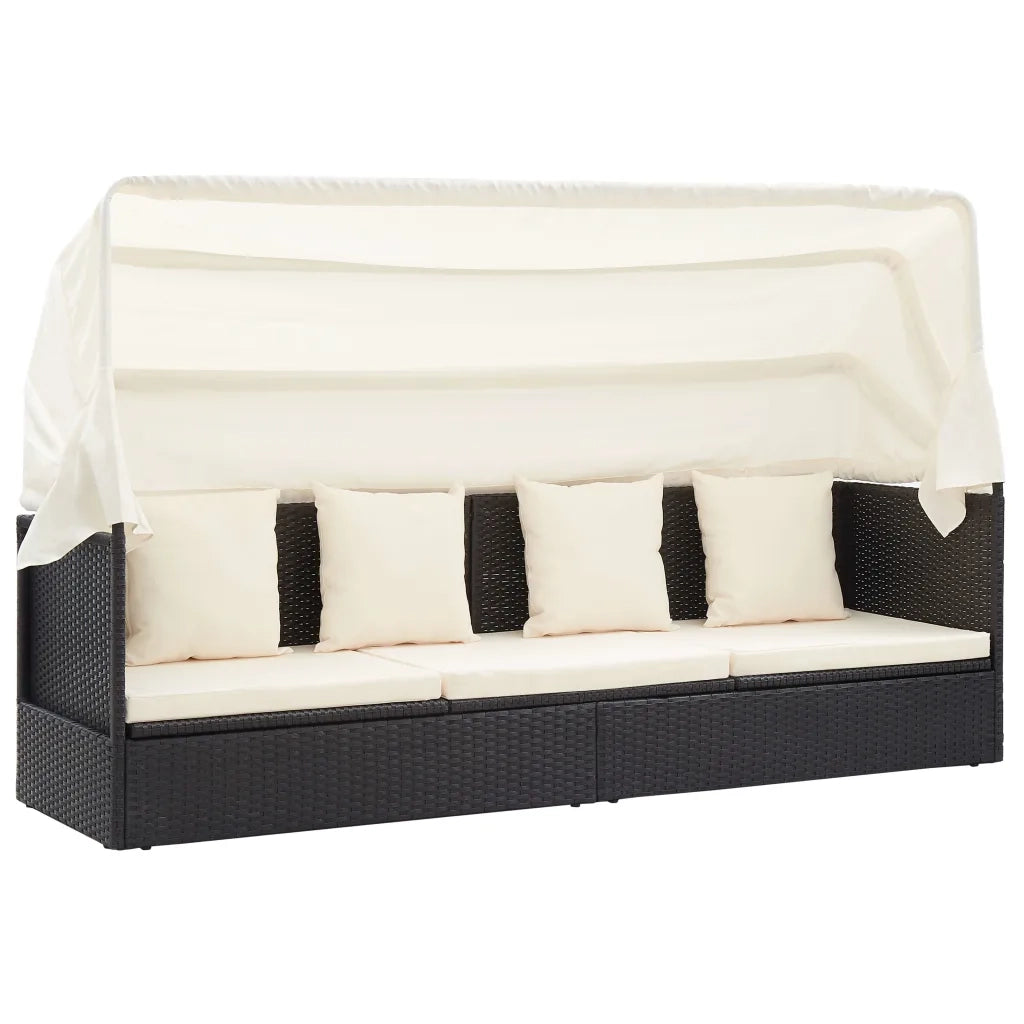 Lettino da Giardino con Tettuccio in Polyrattan Nero 46156