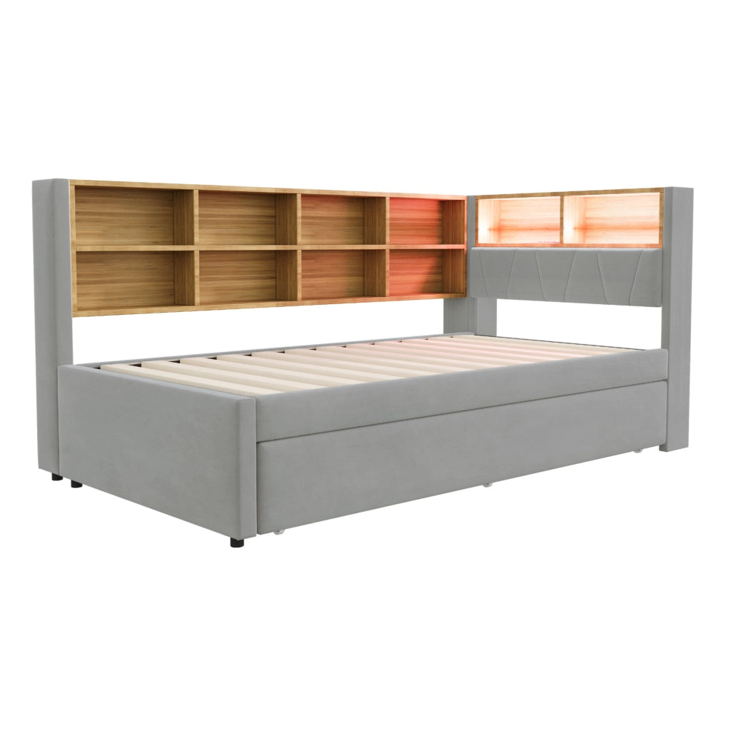 Divano letto multifunzionale 90x200 cm con letto estraibile 90x190 cm; LED e prese; grigio chiaro