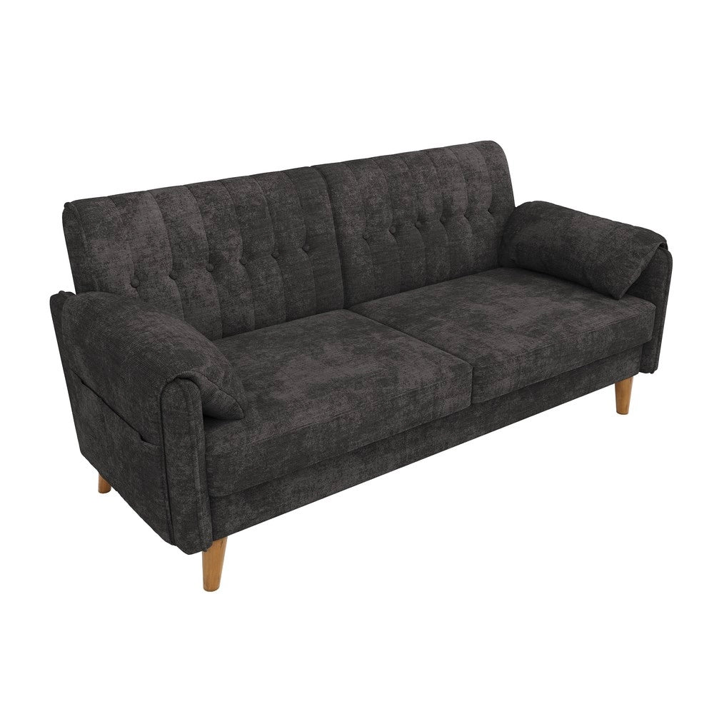 Divano 2 posti in tessuto ¨C Minimal ¨C grigio, gambe in legno massello, con braccioli e cuscini
