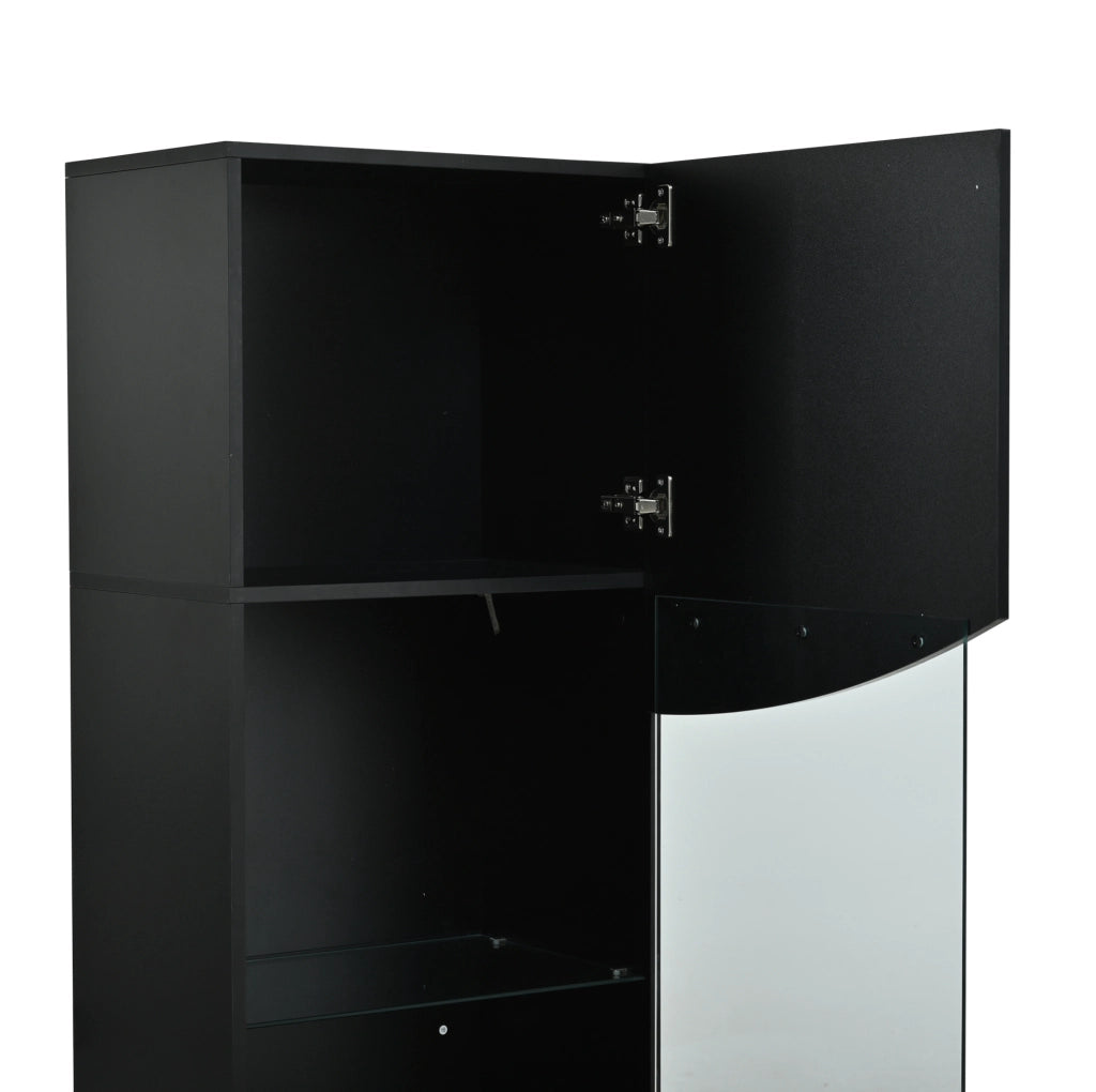 Vetrina alta e stretta 35x50x165 cm in truciolare nero lucido con LED e vetro temperato