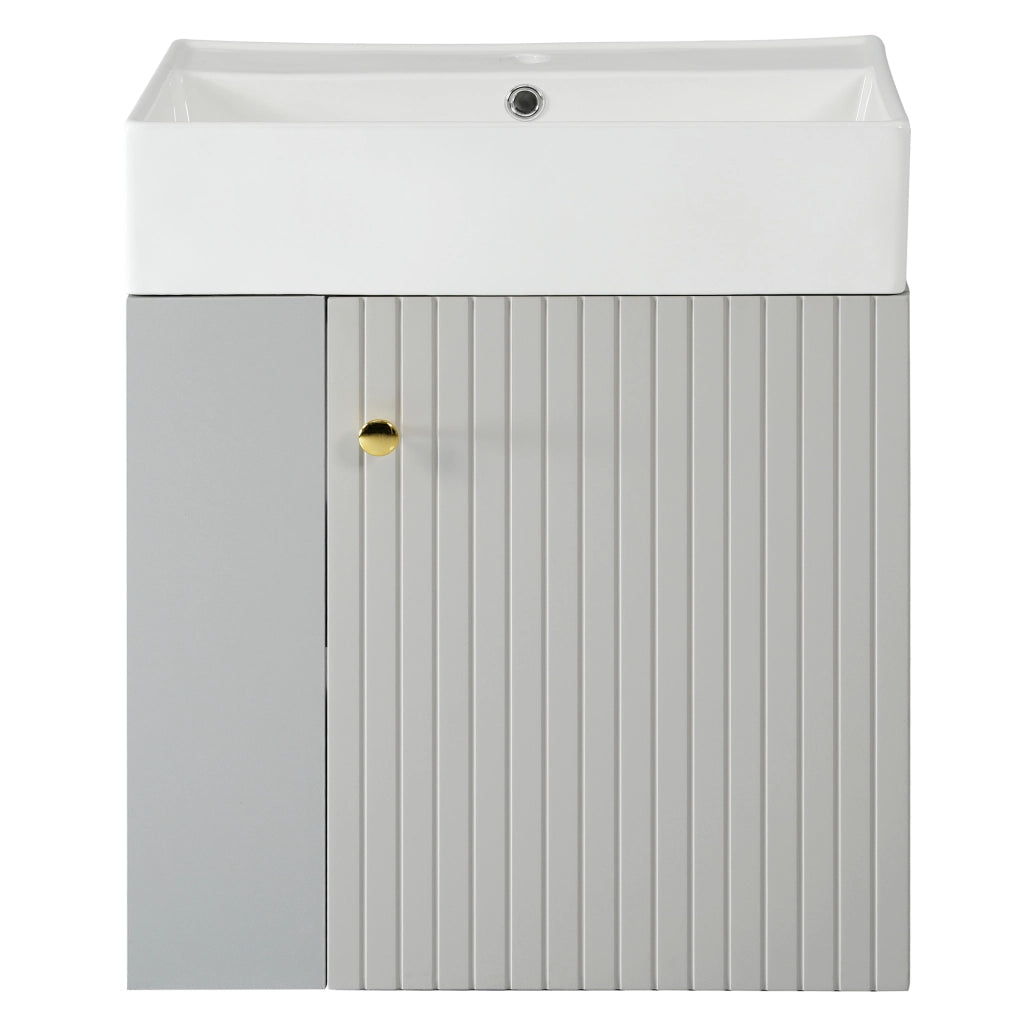 Mobile sottolavabo con lavabo in ceramica lucida, vani laterali e chiusura ammortizzata, per bagno, grigio e bianco