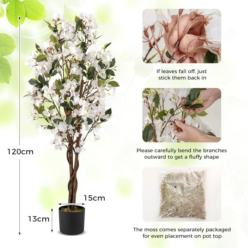 Bougainvillea Artificiale 120 cm, Albero di Buganville Finto con Fiori Aperti e Rami Realistici, Pianta Decorativa per Ingresso, Soggiorno, Ufficio, Rossa/Bianco (1, Bianco)
