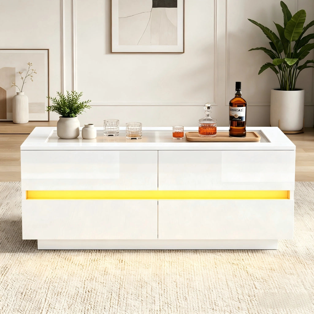 Tavolino basso con 4 cassetti e LED integrato piano in vetro temperato frontali lucidi bianco 100 × 50 × 40 cm