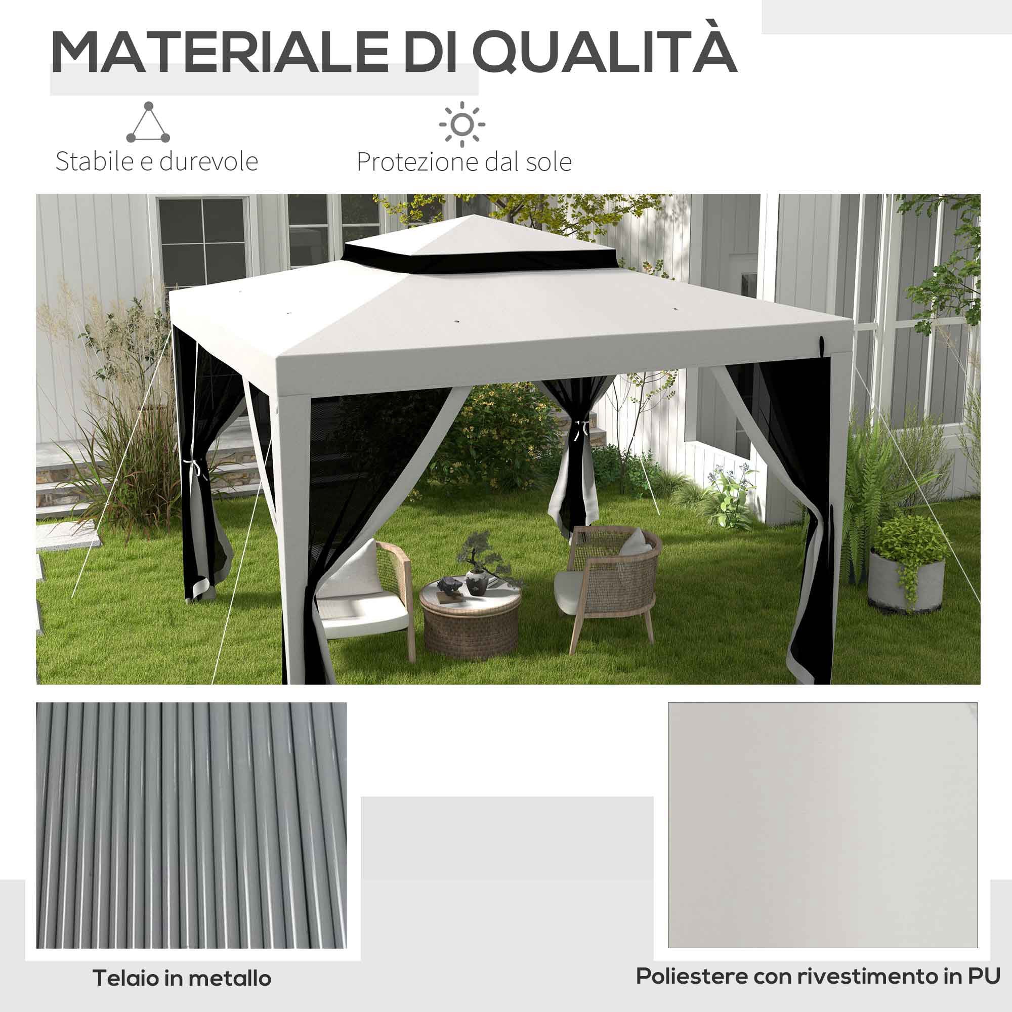 Gazebo da Giardino 3x3 m con Zanzariera Doppio Tetto e 8 Fori in Acciaio e Poliestere Grigio