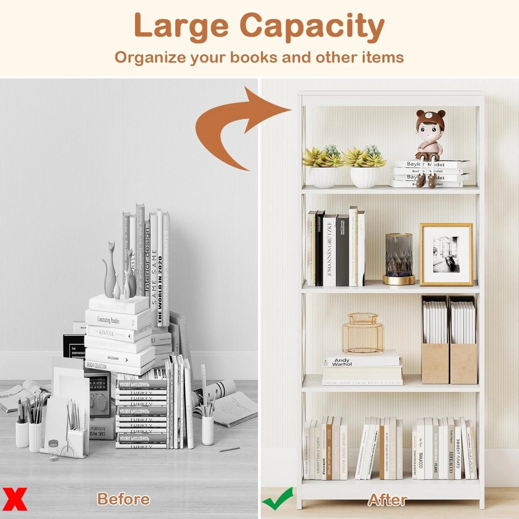 Libreria Scaffale con 4 ripiani aperti, Mensola da cucina con protezione antiribaltamento, moderna mensola per ufficio, soggiorno, camera da letto, studio, 70 x 30 x 155 cm, bianco