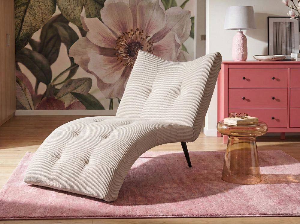 Chaise longue con rivestimento in velluto a coste tortora trapuntatura a bottoni, senza braccioli, design moderno per soggiorno