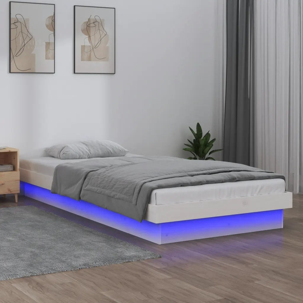 Letto singolo | Letto per adulti | Giroletto con LED Bianco 90x190 cm Single in Legno Massello