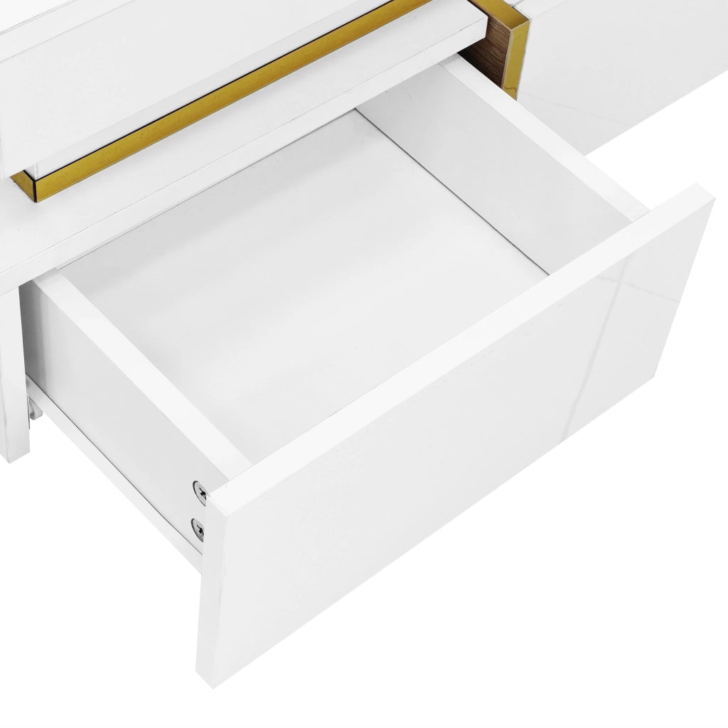 TAVOLINO DA SALOTTO 70x70x35,5 cm Bianco Lucido con 2 cassetti e dettagli oro