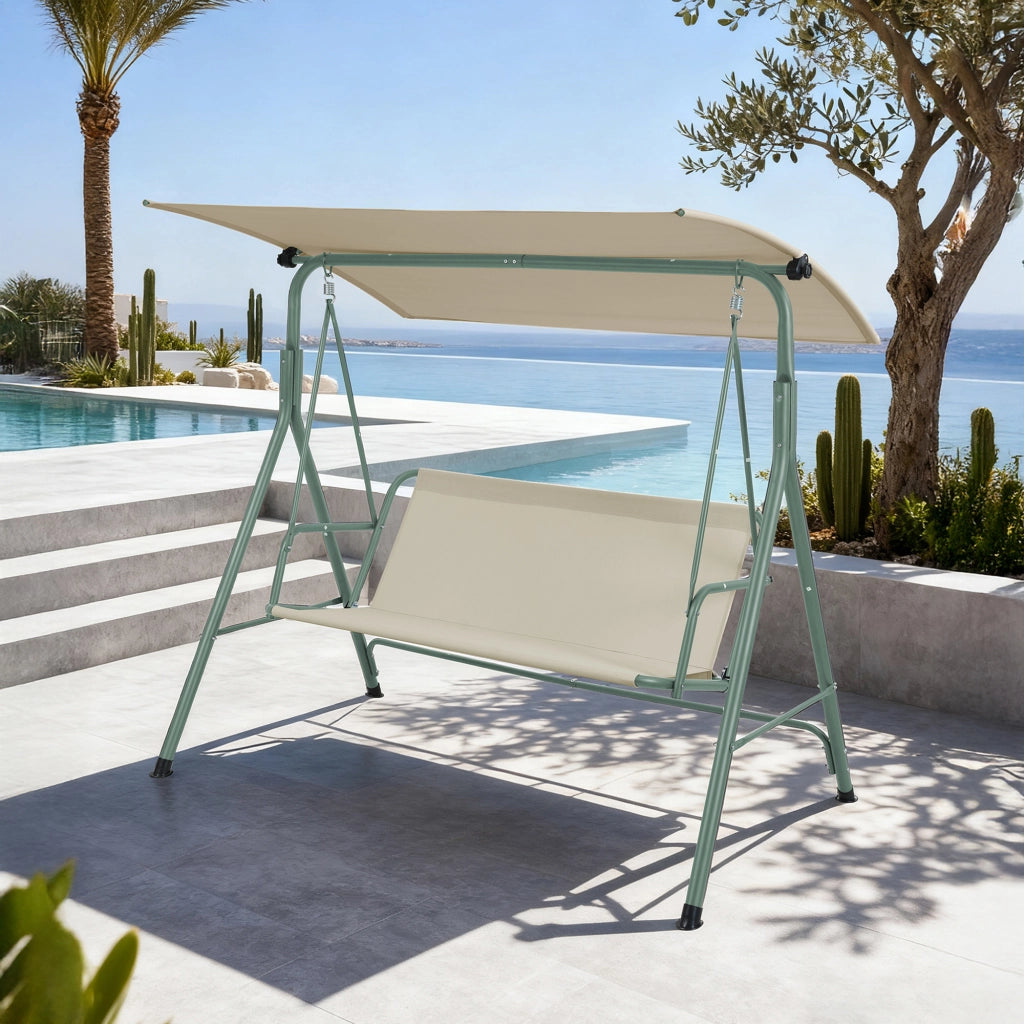 Dondolo da Giardino Satten a 3 Posti con Tettuccio Parasole 173x119x153 cm - Verde Chiaro / Beige [en.casa]