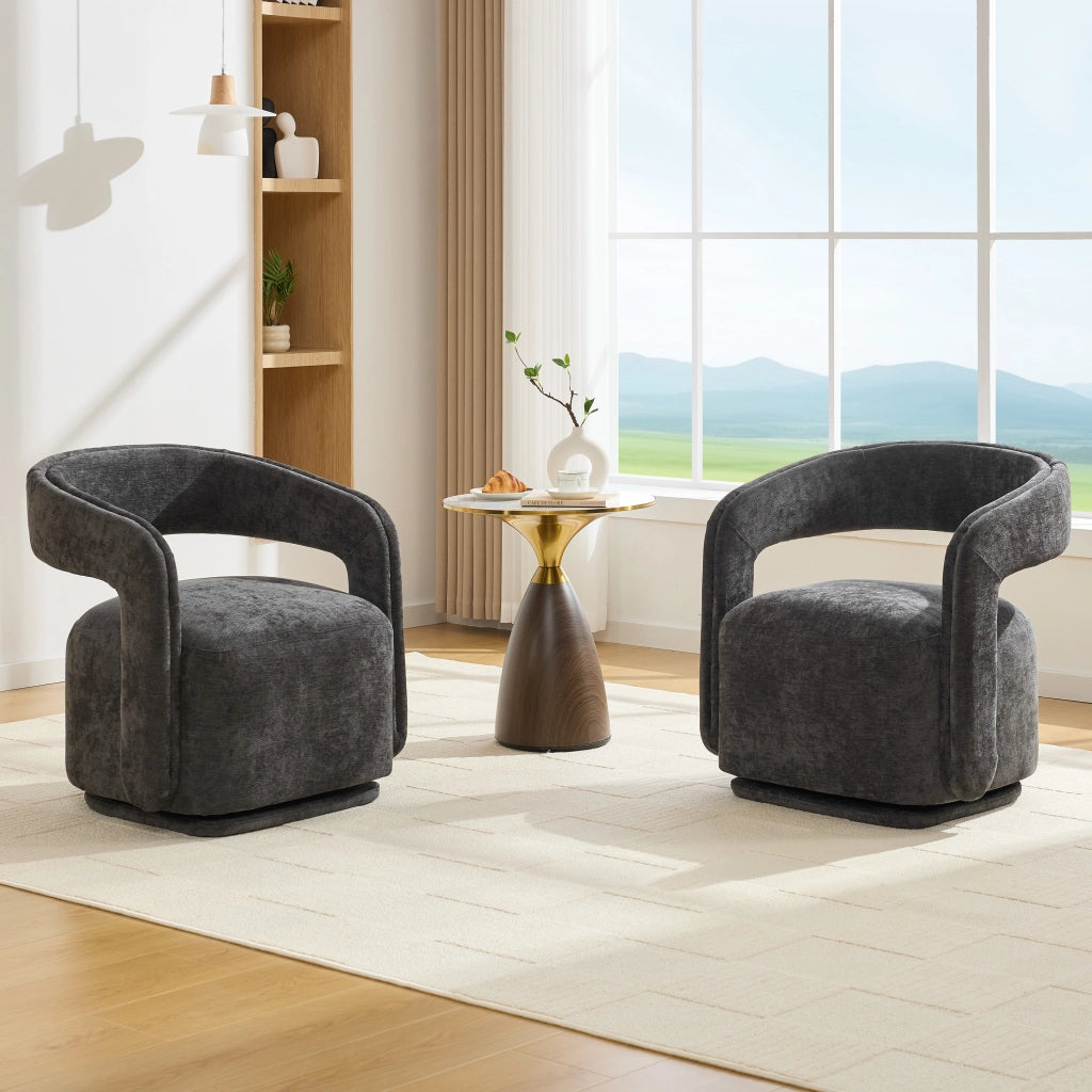 Poltrona girevole 360° in chenille scuro, design Barrel Chair, struttura in legno, 70x65,5x74 cm
