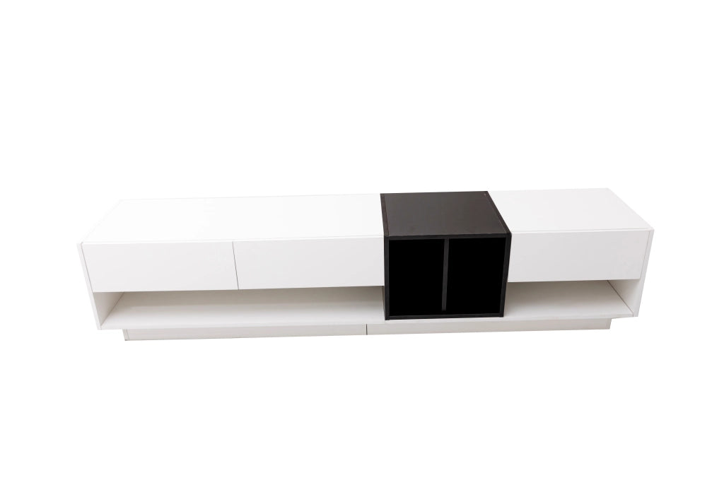 Mobile porta TV a tre cassetti e due vani aperti in truciolare lucido bianco e nero 190 × 40 × 42 cm