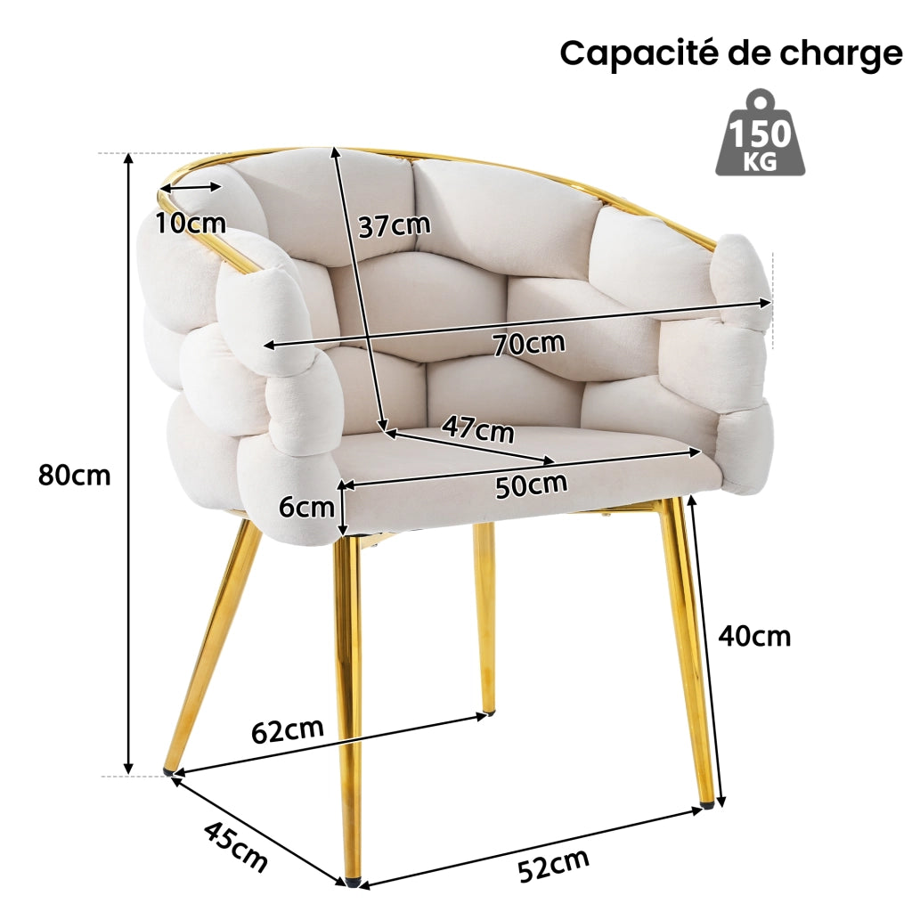 Sedia da pranzo in velluto con schienale ergonomico, seduta ampia e piedini regolabili, metallo dorato beige
