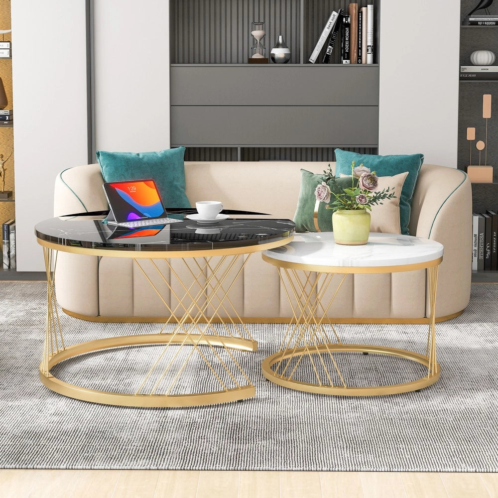 Tavolini da Salotto Set 2 Pezzi Rotondi ¨C MINIMAL ¨C Piano Effetto Marmo, Struttura Metallo Dorato