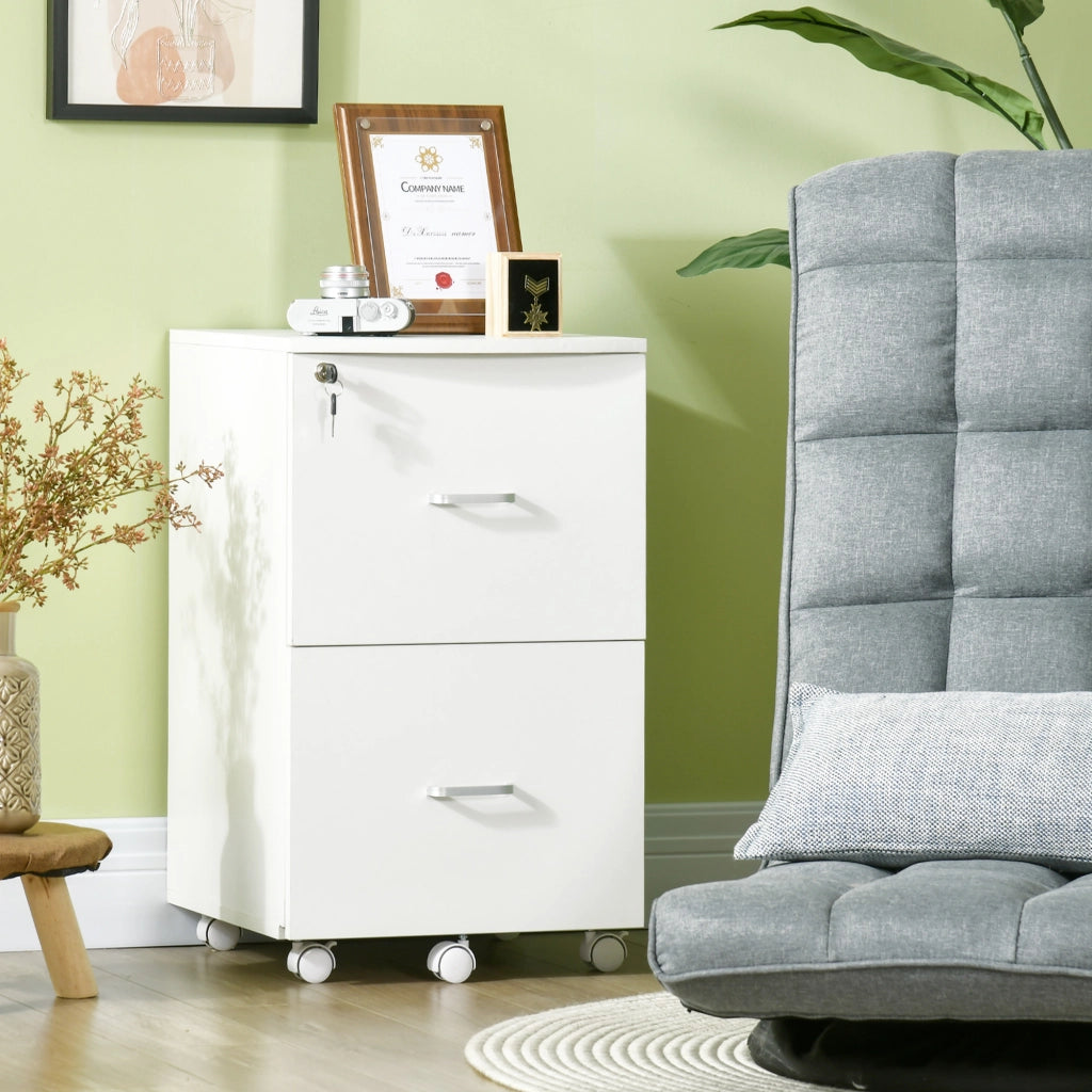 Armadietto da Ufficio con 2 Cassetti e 5 Ruote, Schedario in MDF e Truciolato, 43x45x72 cm, Bianco