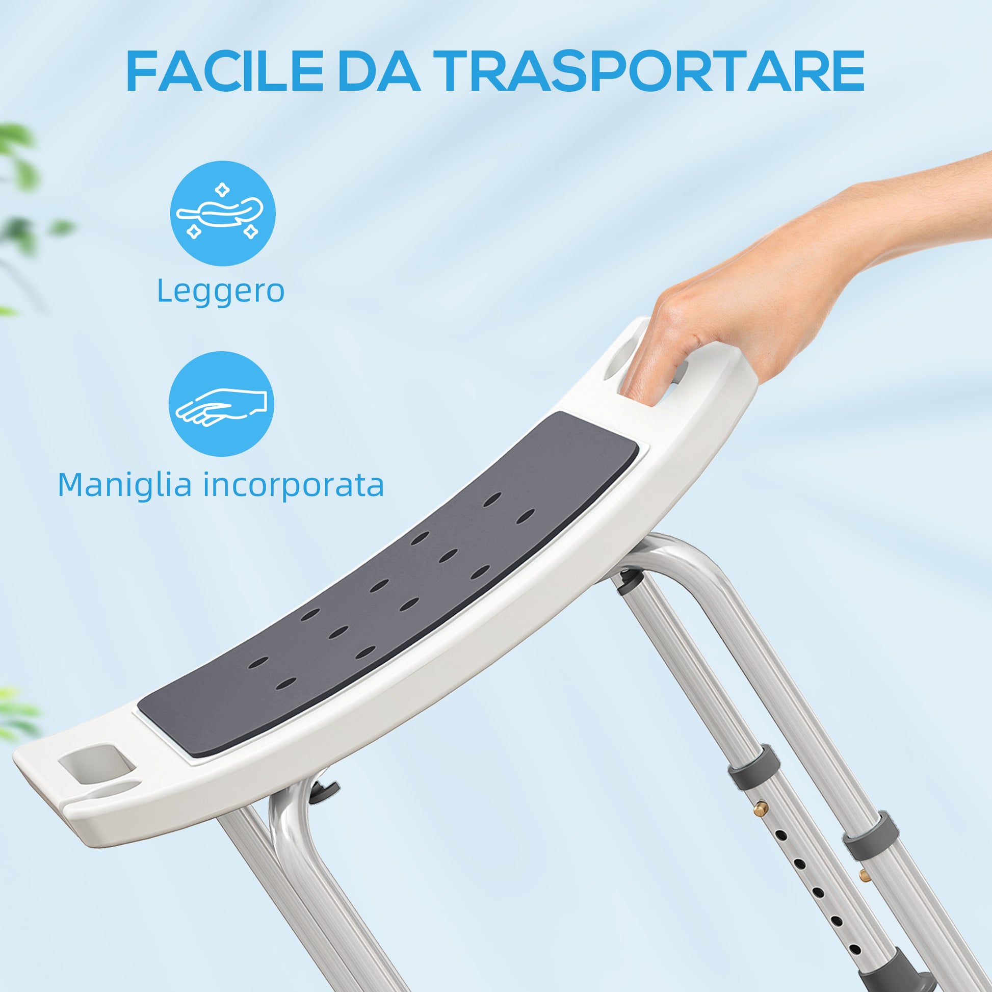Sgabello da Doccia Altezza Regolabile 6 Livelli 39-52 cm in Lega di Alluminio e Plastica Antiscivolo Grigio