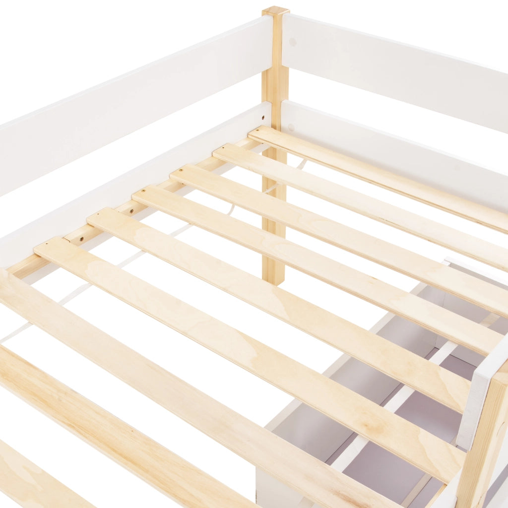 Letto con Cassetti Letto Singolo; Sponda di Sicurezza e Scala; 90×190 cm; senza Materasso; Legno Massello; Bianco