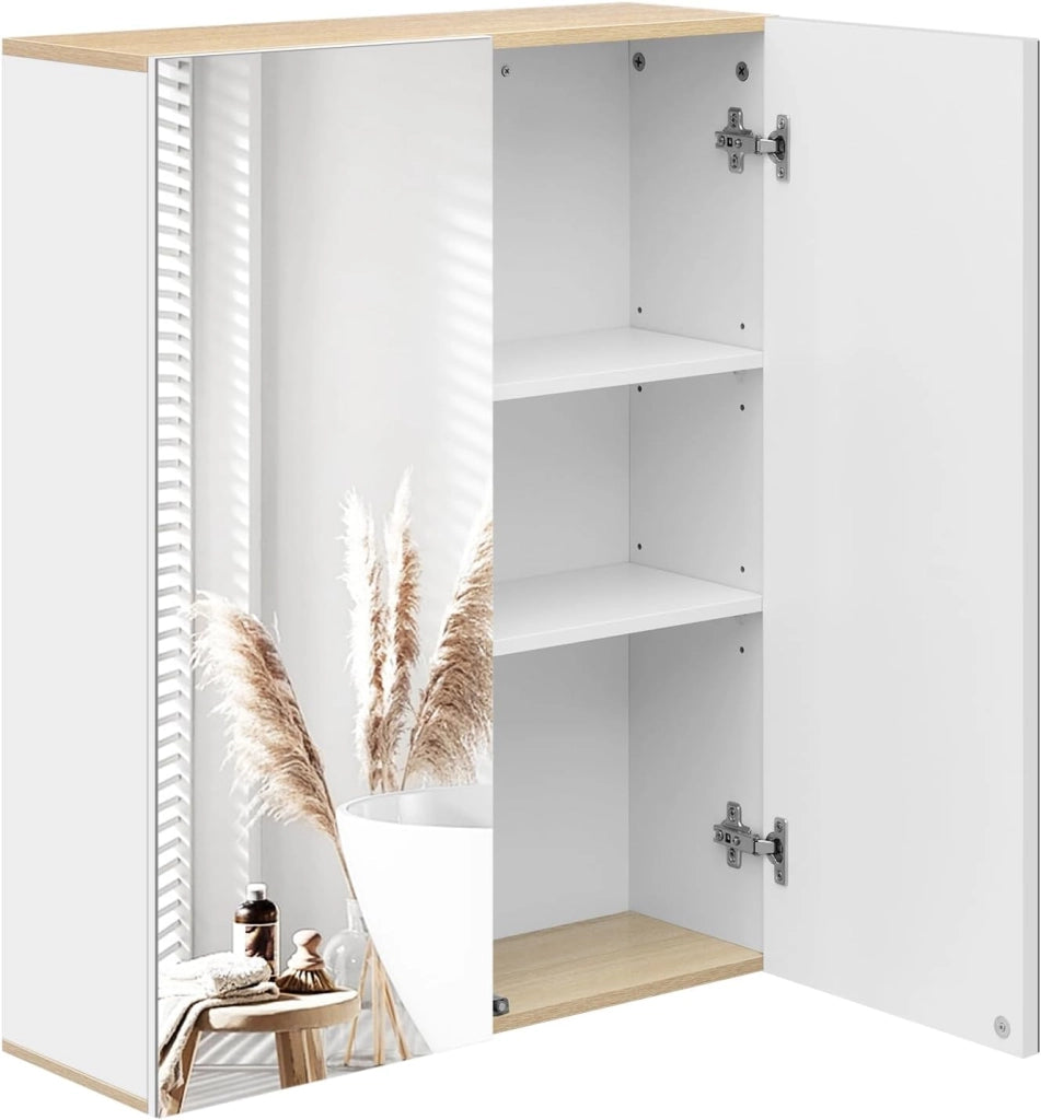 Armadietto da Bagno Pensile, Specchio Contenitore con 2 Ripiani Interni Regolabili, Mobile Sospeso da Bagno Salvaspazio con 2 Ante, Mobiletto Bianco e Rovere 60x20x75cm