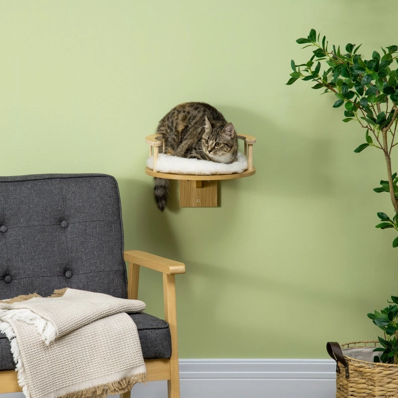 Lettino da parete per gatti con cuscino rimovibile, rotondo, rovere, Ø34 x 10,5 cm
