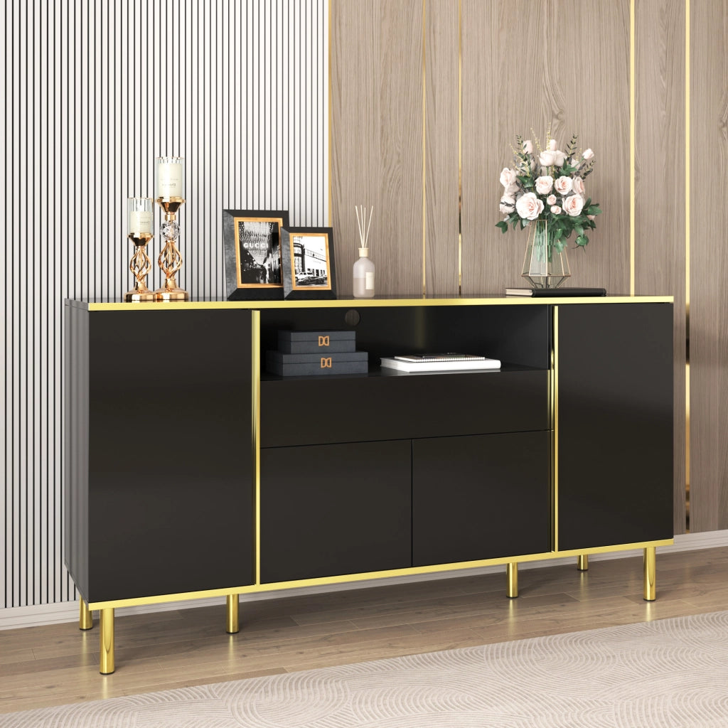 Credenza con 4 Ante; 1 Cassetto e LED; Nero Lucido con Dettagli Dorati; in MDF; 150??40??80 cm