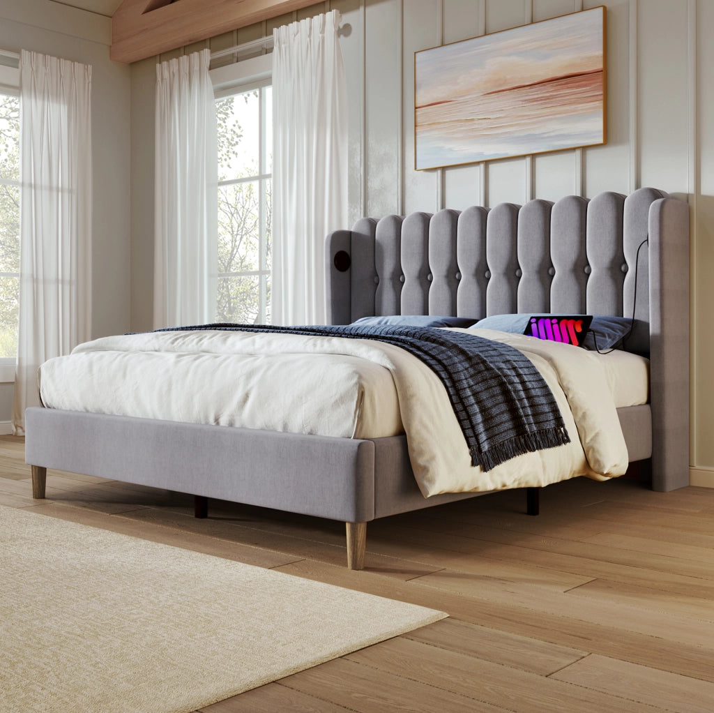 Letto matrimoniale imbottito 140x200 cm in lino grigio con testiera e porte USB e USB-C