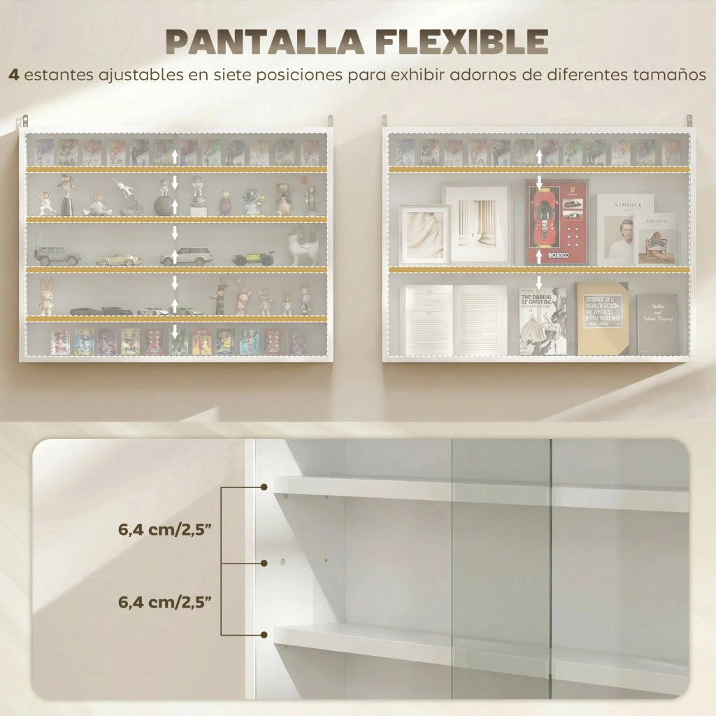 Libreria a Parete con Ripiani Aggiustabili e 2 Ante Scorrevoli di Vetro ¨C Zephmum ¨C Bianco 80x9.5x60 cm
